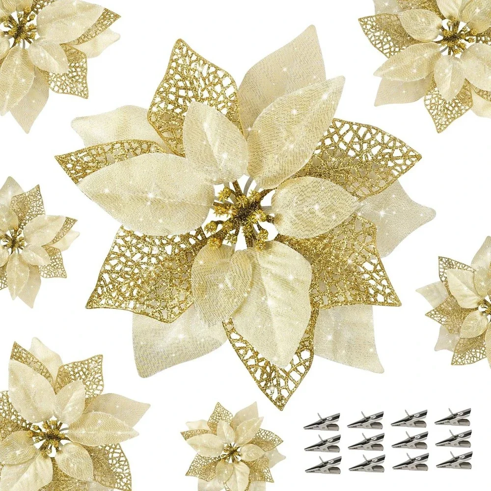 12pc Champagne Gold Glitter Poinsettia Christmas Tree Ornaments with Clips 8.7in